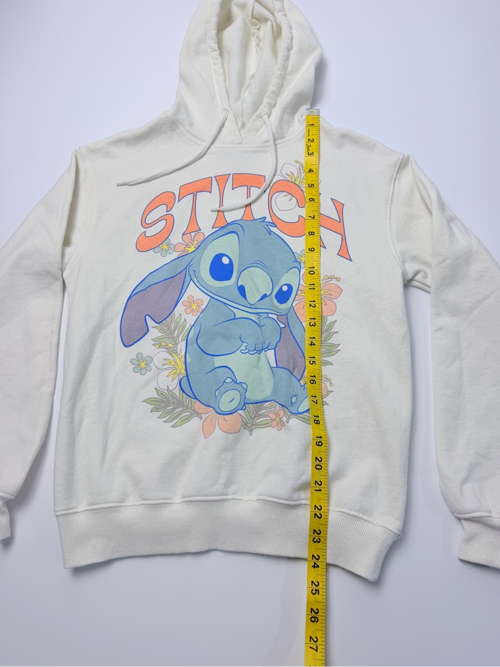 Disney Stitch Hoodie XS Cream Pullover Sweatshirt Floral Graphic Hoodie - Picture 2 of 7
